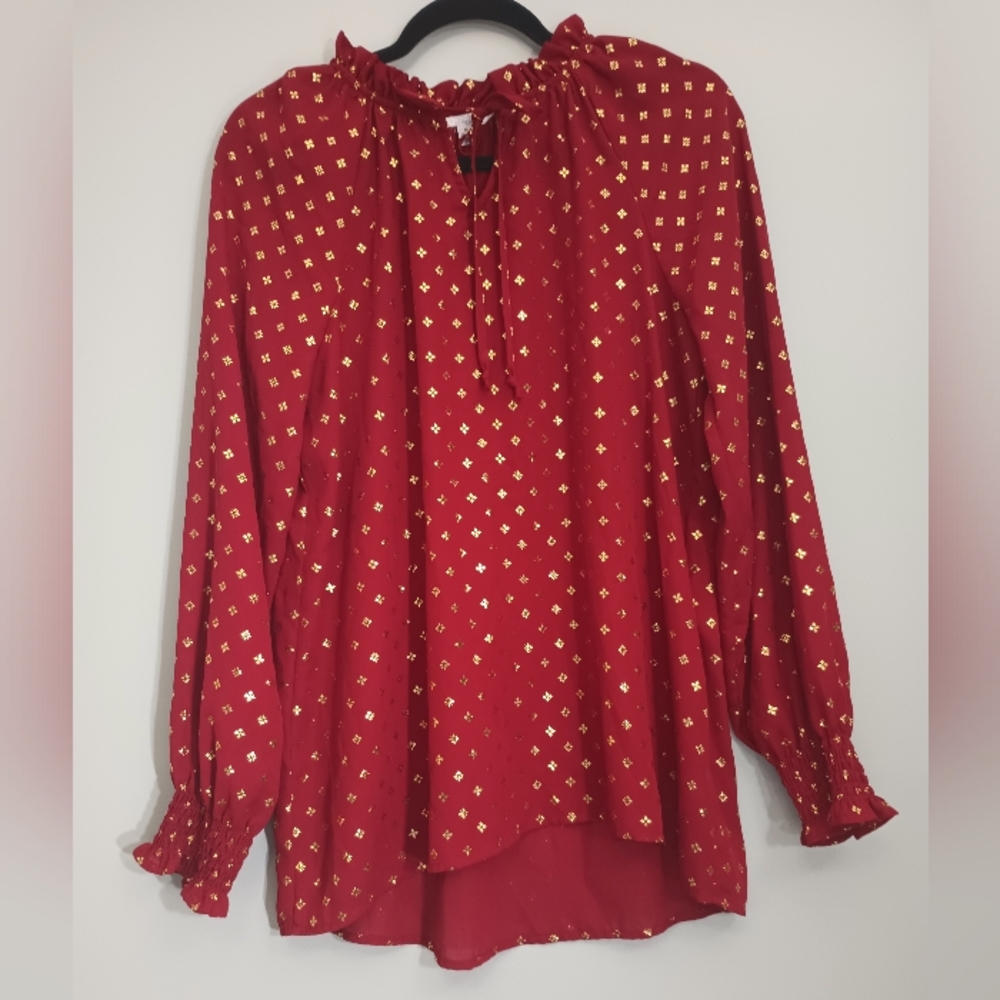 Time‎ and Tru Red Blouse with Gold Pattern M